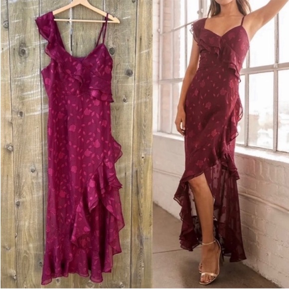 Lulus Dresses & Skirts - Burgundy Floral Jacquard Asymmetric Ruffle Chiffon Dress 🌿